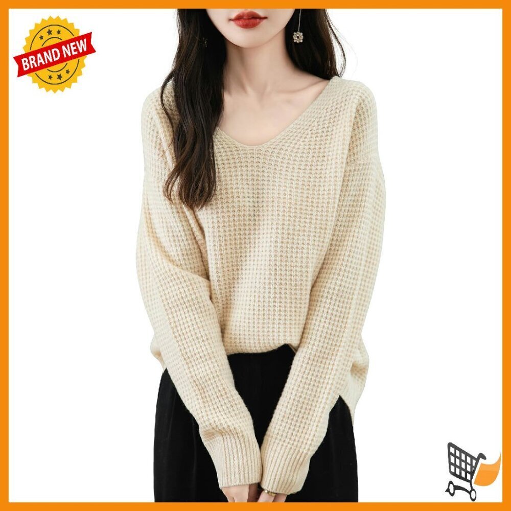 Women's Merino Wool V-Neck Sweater Long Sleeve Waffle Knit Pullover